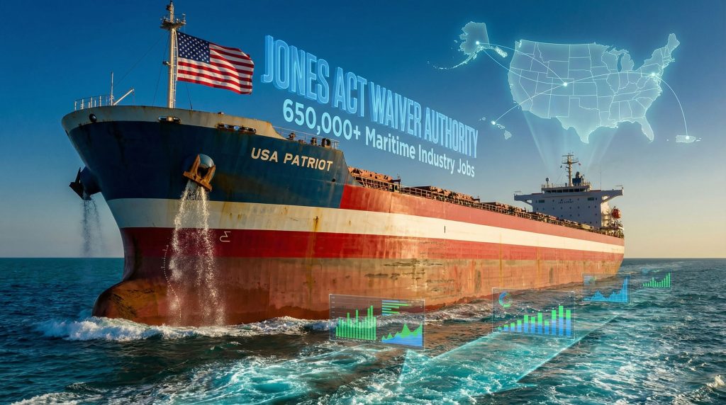 Cargo ship with Jones Act waiver text.