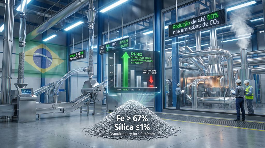 Industrial process showcasing pellet feed de redução direta.