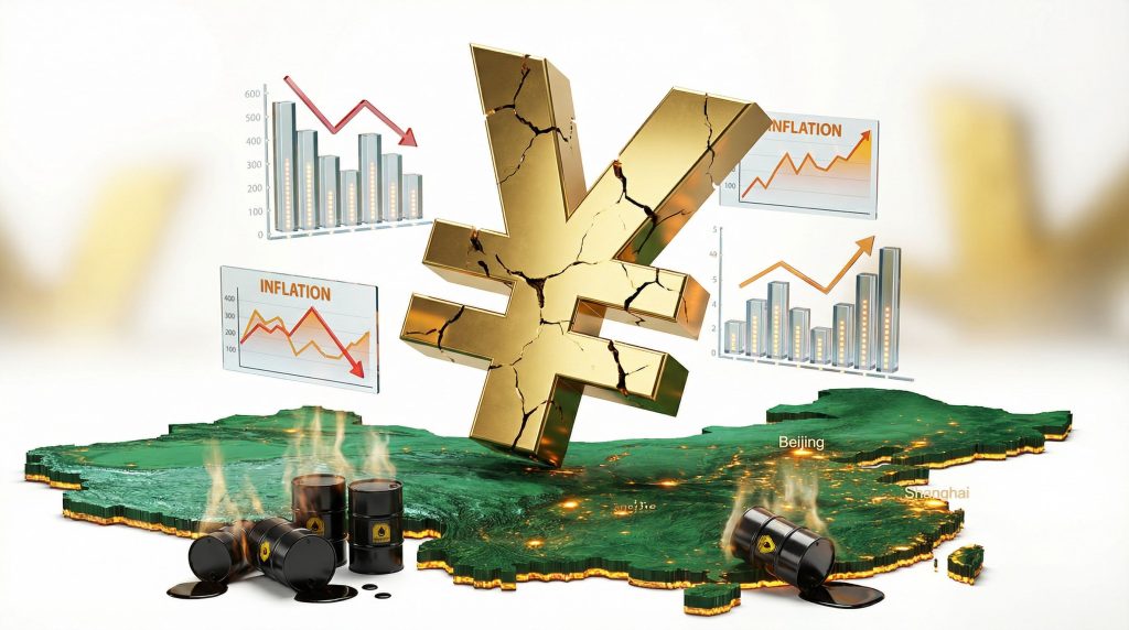 Cracked yuan symbol, graphs depict stagflation impact.