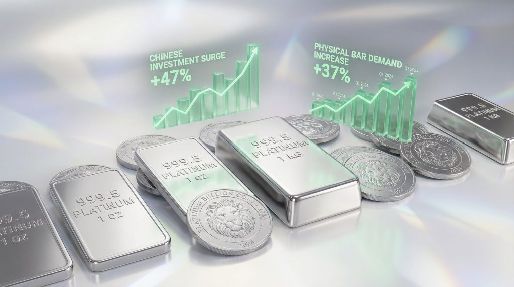 Platinum bars and coins with demand graph.