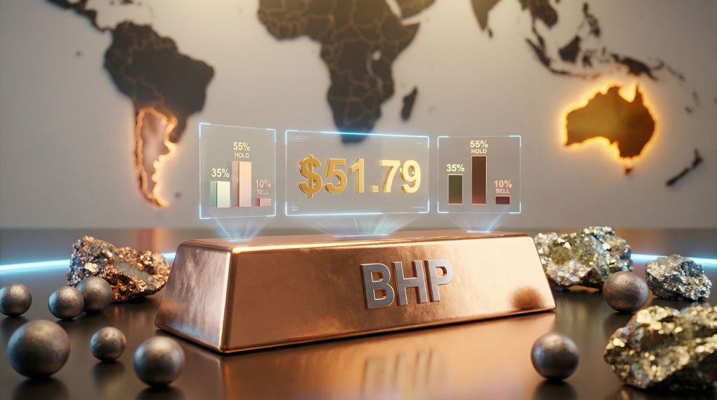 BHP share price target with holographic display.