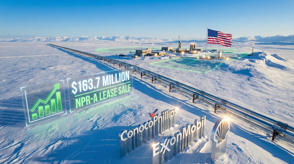 Alaska oil lease sale with snowy landscape.