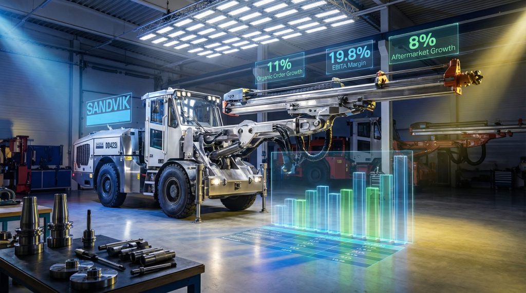 Sandvik revenue dips, innovative machinery illustrated.