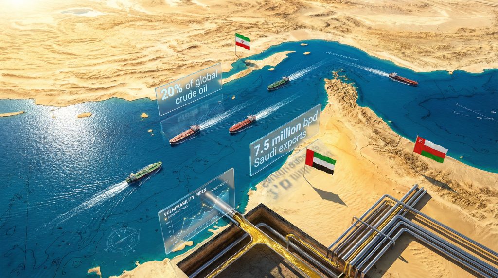 Strait of Hormuz oil disruption visualization.