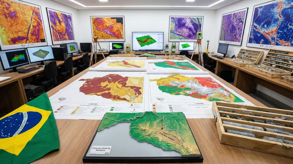 Geological maps of Rondônia displayed in a research room.