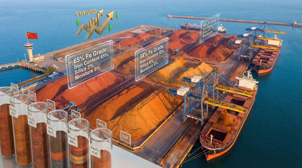 Qingdao port with iron ore stockpiles.