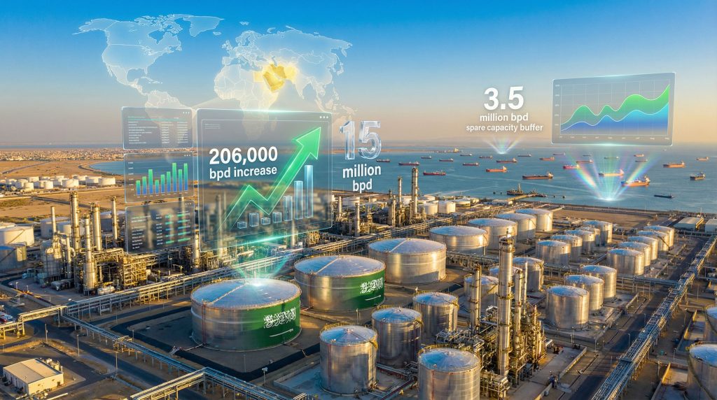 Oil refinery visualizes OPEC+ output increase.