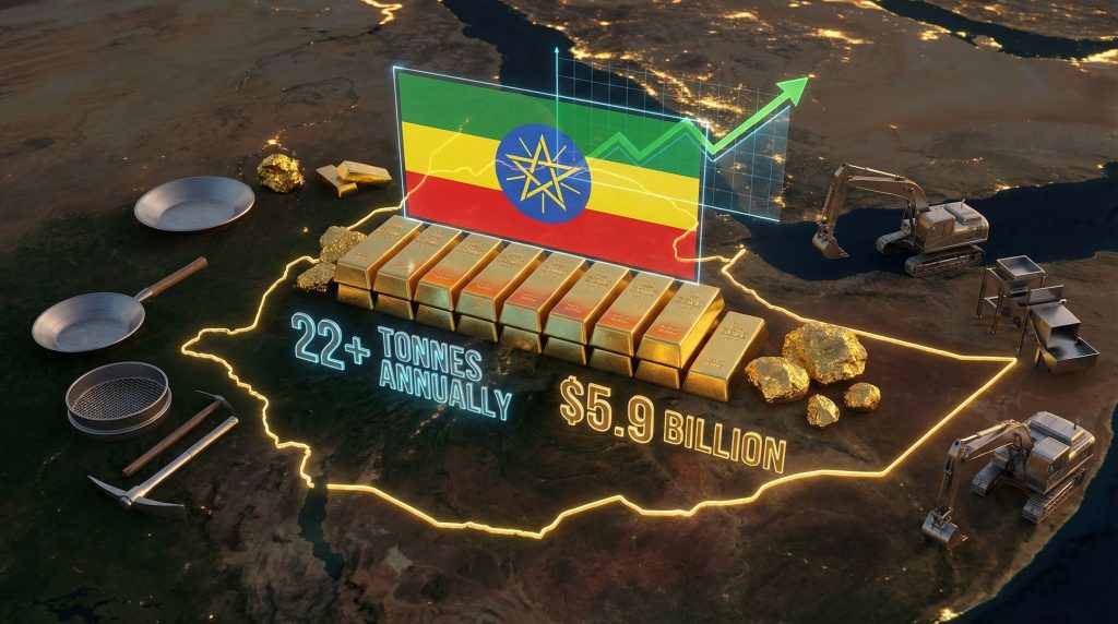 Ethiopia gold exports visualized with gold bars.