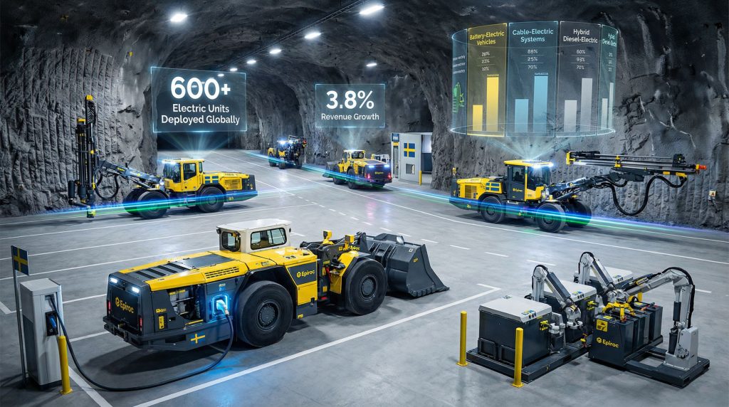 Epiroc electric mining vehicles and growth statistics.