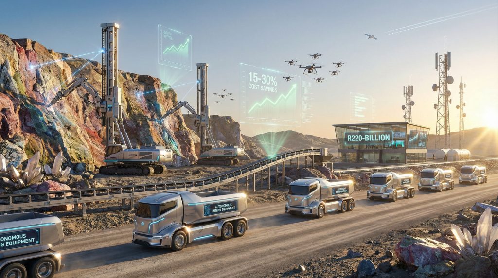 Futuristic autonomous vehicles enhancing mining operations.
