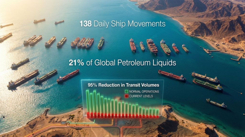 Ships depict traffic through Hormuz minimal.