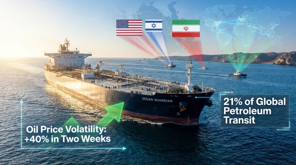 Oil tanker symbolizes US-Israel-Iran conflict.