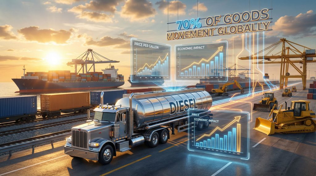 Diesel prices impact global economy, transportation hub.