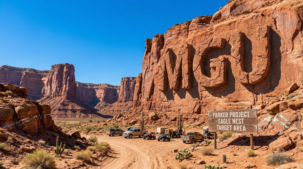 Magnum Mining and Exploration Ltd-MGU-MIGU letters carved in rocky canyon.