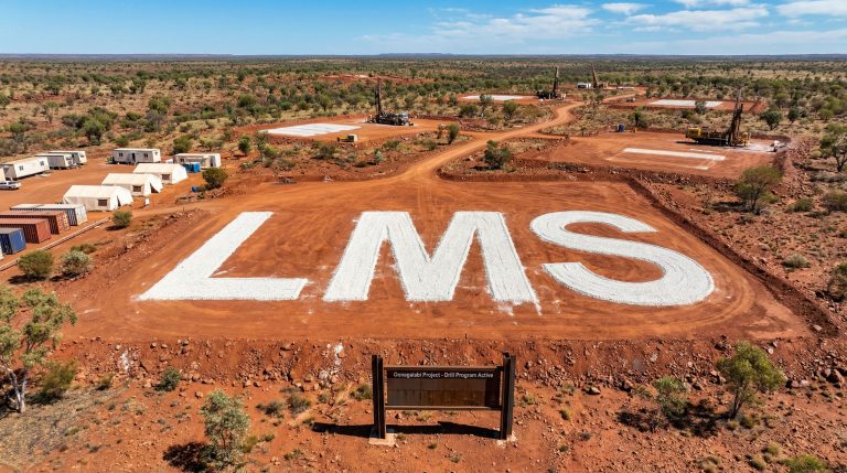 Litchfield Minerals Ltd-LMS-LMS letters on red desert landscape.