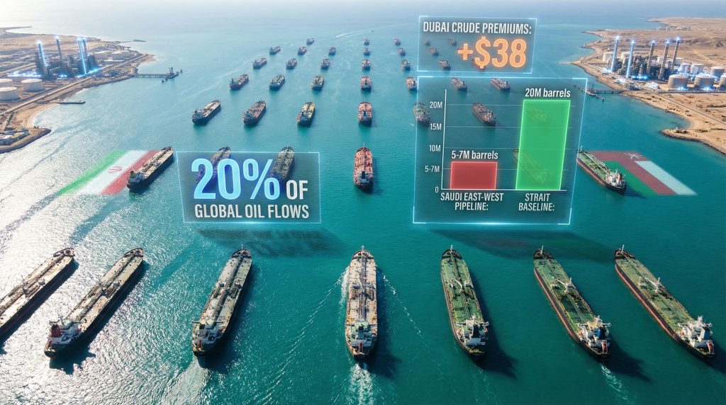 Oil tankers highlighting Strait of Hormuz disruption.