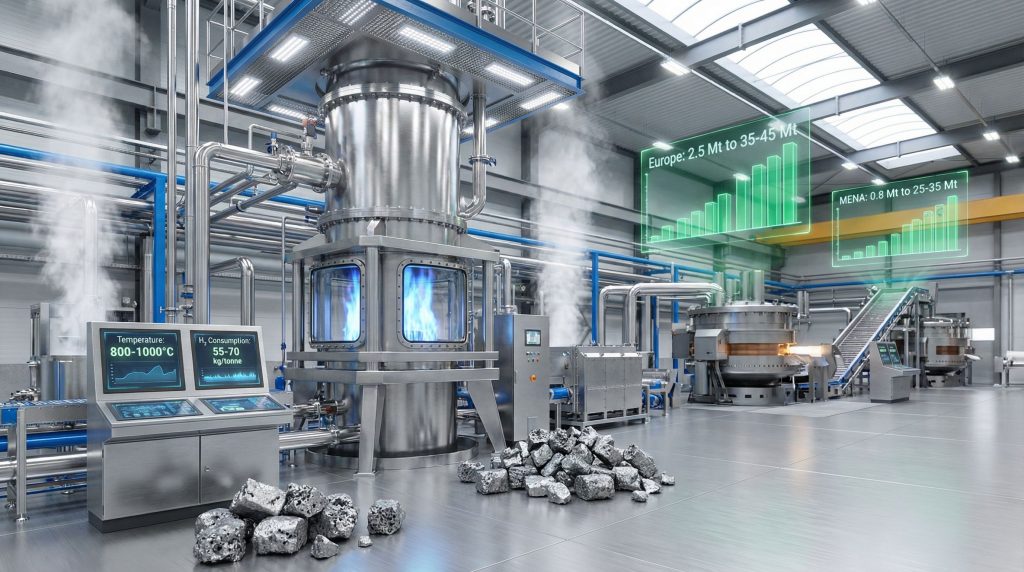Modern factory for hydrogen-based green steel production.