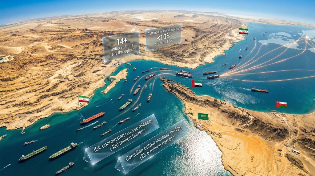 Shipping bottleneck highlighting Strait of Hormuz tensions.