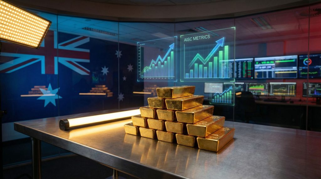 Gold bars and data charts, production downgrade.