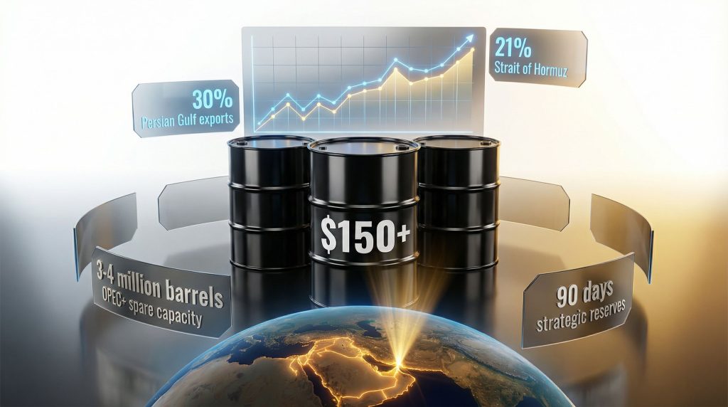 Oil price surge predictions highlighted on barrels.