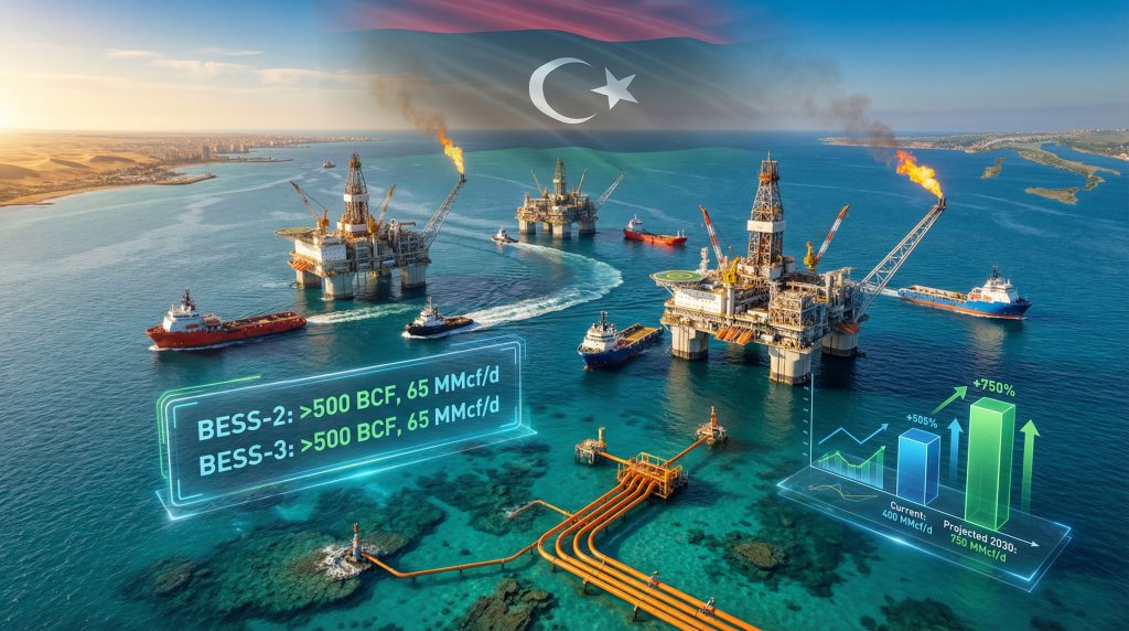 Offshore oil rigs symbolizing Eni's gas discoveries.