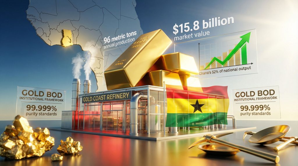 Ghana artisanal gold refining industry illustration.