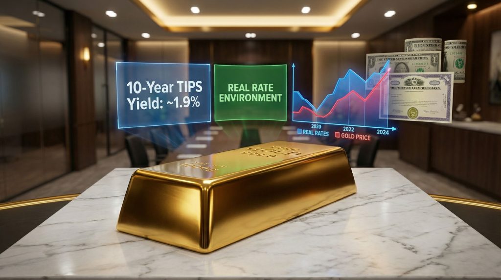 Gold prices and real interest rates visualization.