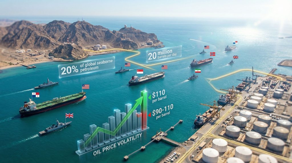 Oil tankers in Hormuz affecting Brent prices.