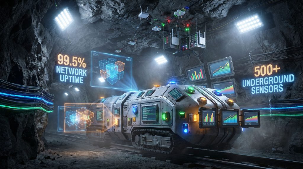 Futuristic tunnel showcasing digital mine management.
