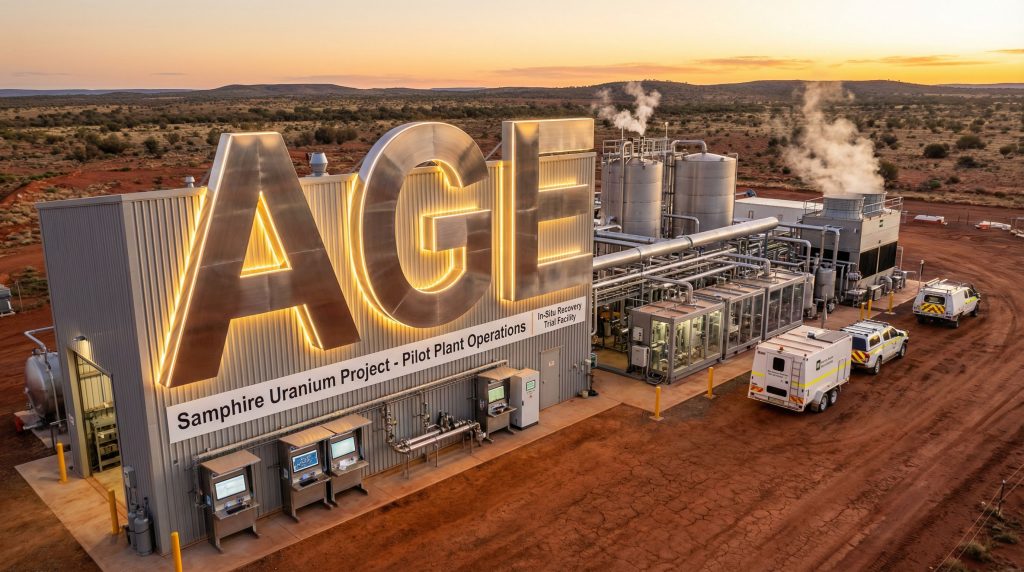 Alligator Energy Ltd-AGE-Samphire Uranium Project pilot plant at sunset.