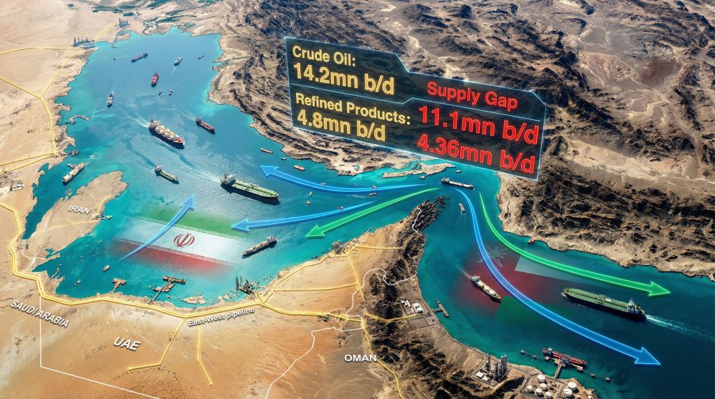 Hormuz oil tanker routes with supply gap.