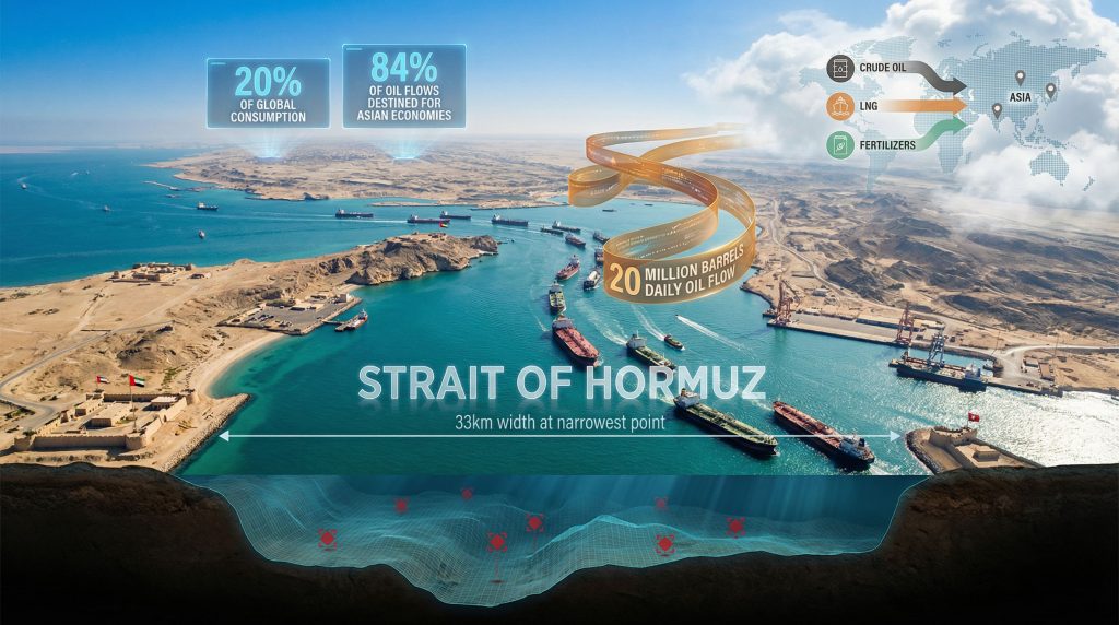 Strait of Hormuz oil flow illustration.