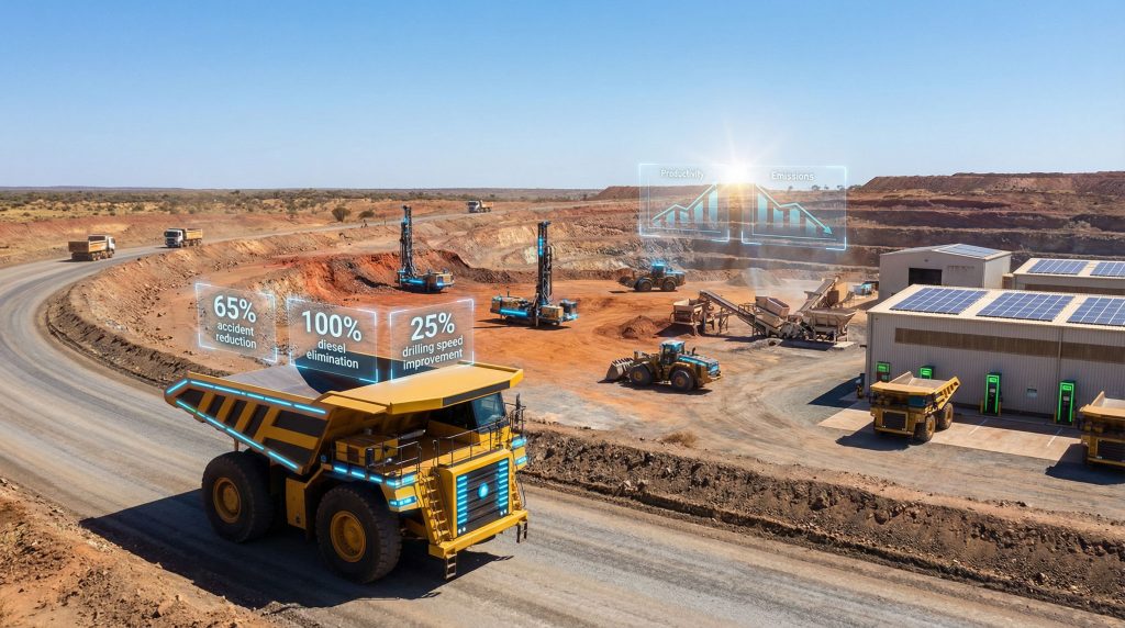 Autonomous electric mining trucks with analytics.