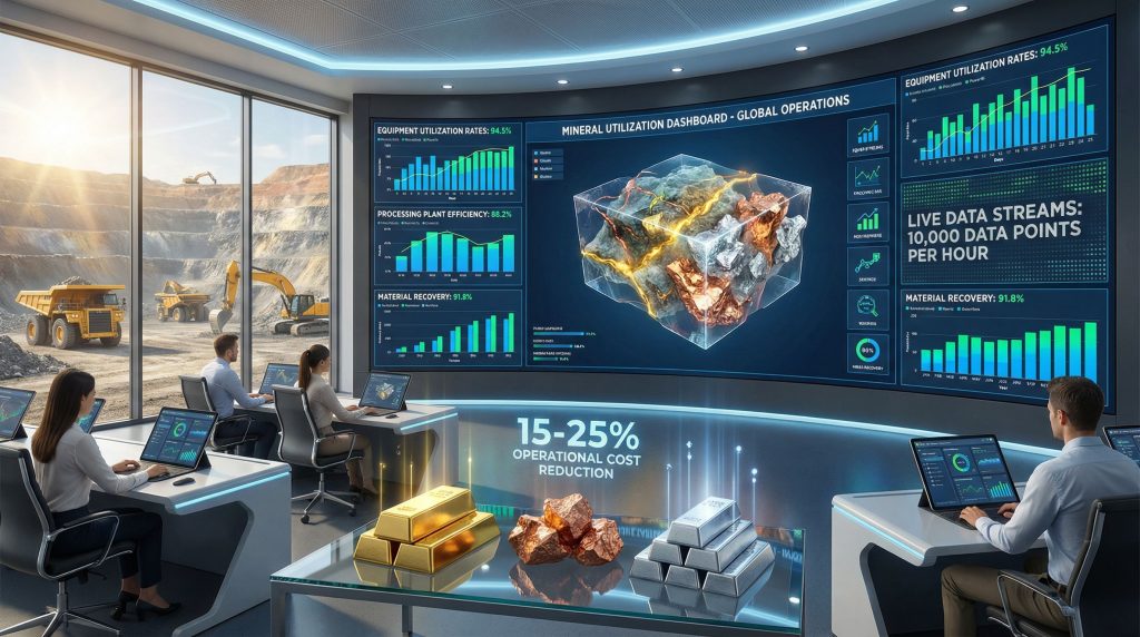Futuristic workspace with interactive Power BI dashboards.