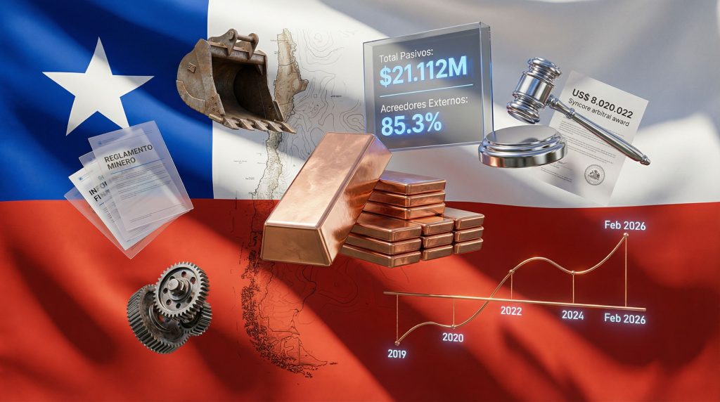 Chilean flag, financial documents, gavel, and gears.