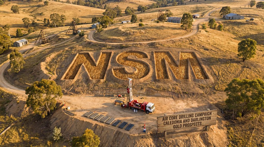 North Stawell Minerals Ltd-NSM-NSM logo on mining landscape, aerial view.
