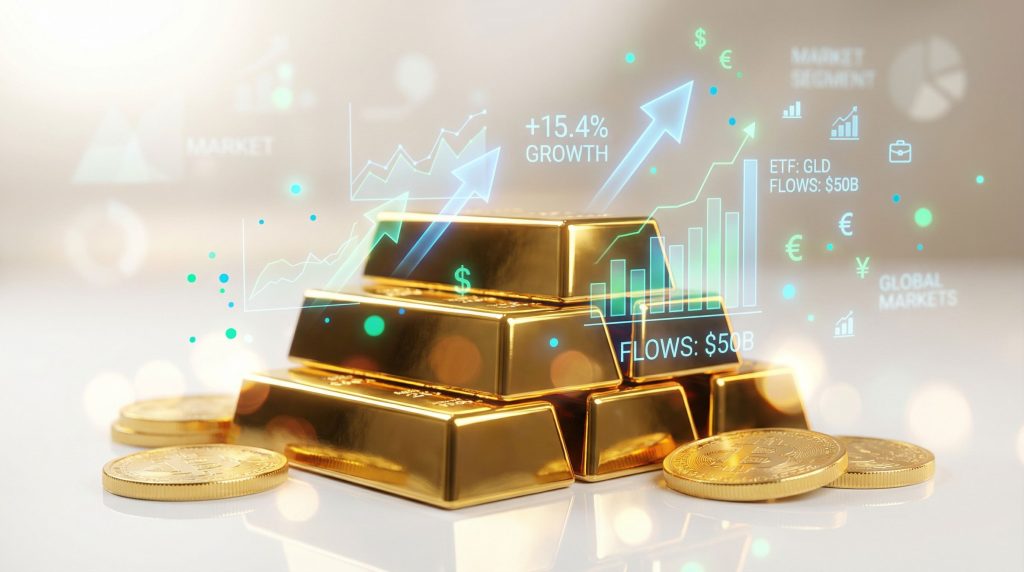 Gold bars and coins with growth charts.