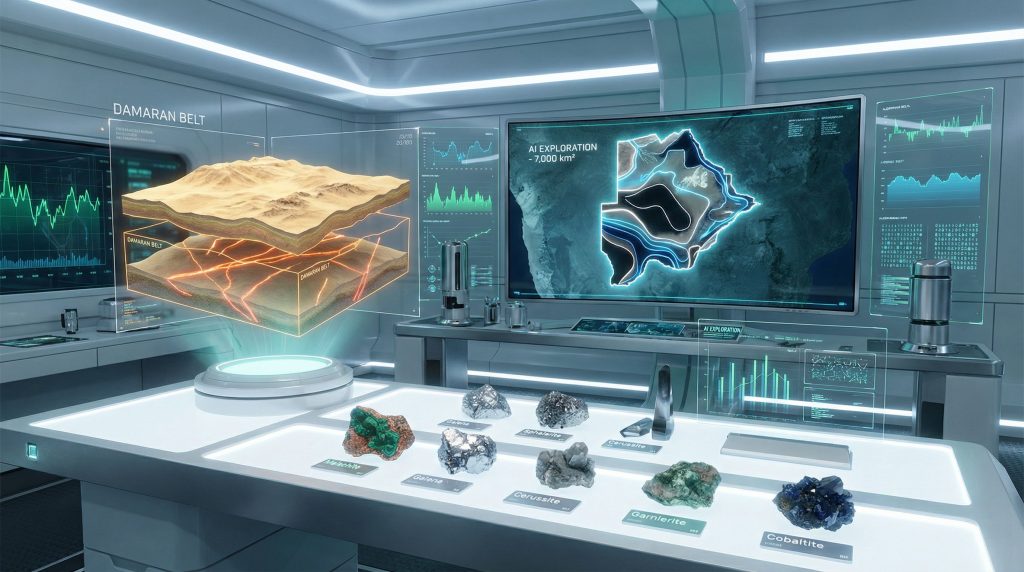 Futuristic lab showcasing AI-enhanced geological exploration.