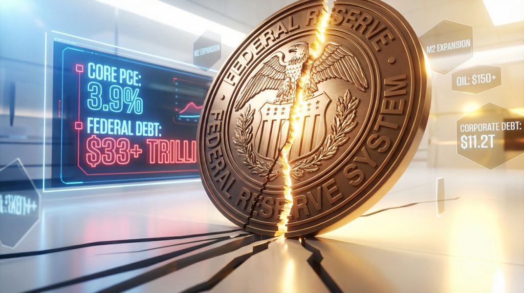 Federal Reserve emblem cracking under pressure.