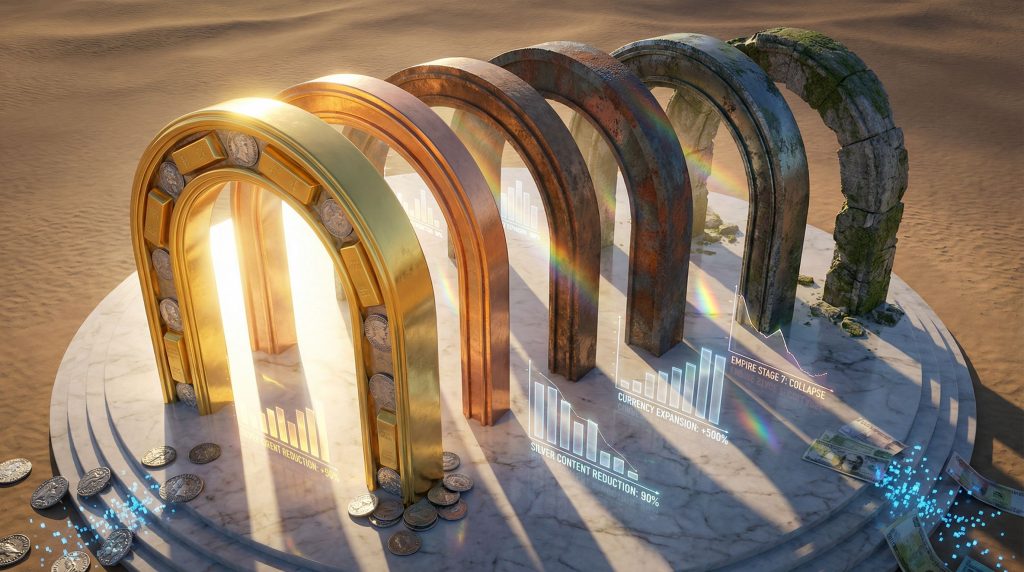 Seven stages of empire depicted by arches.