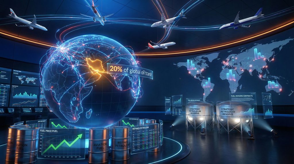 Global oil transit highlighted, aviation fuel impact.
