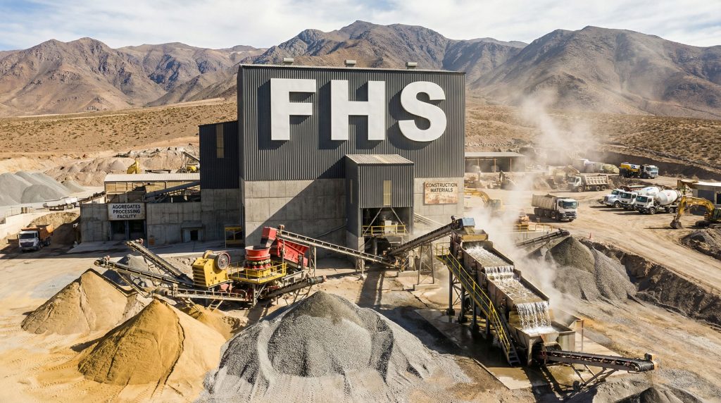 Freehill Mining Ltd-FHS-Aggregate processing facility in mountainous landscape.