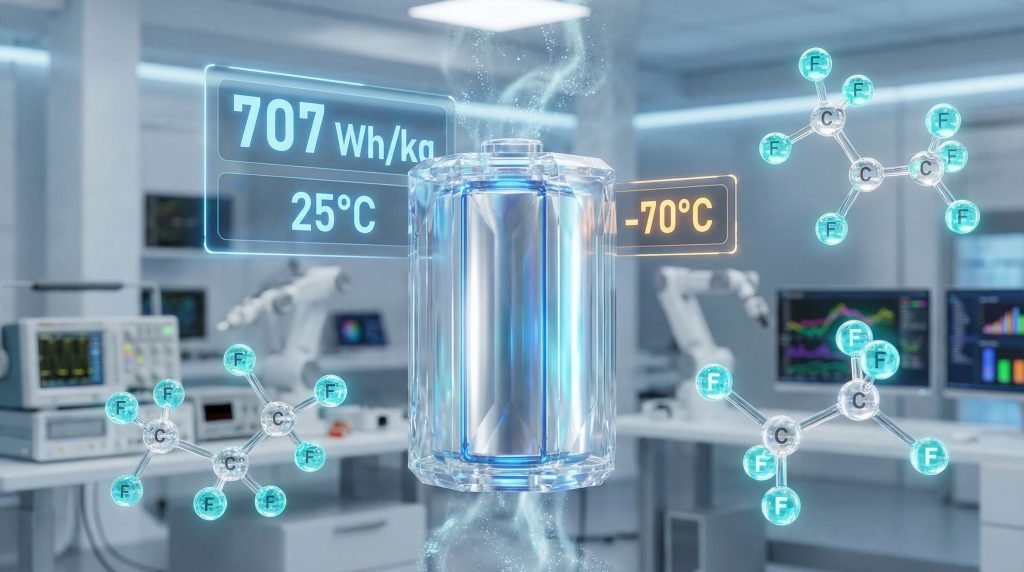 Hydrofluorocarbon electrolyte in futuristic battery lab.