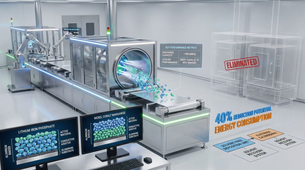 Solvent-free cathode manufacturing reduces energy consumption.