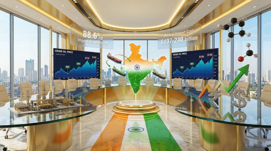 Indian office highlights crude oil import costs.