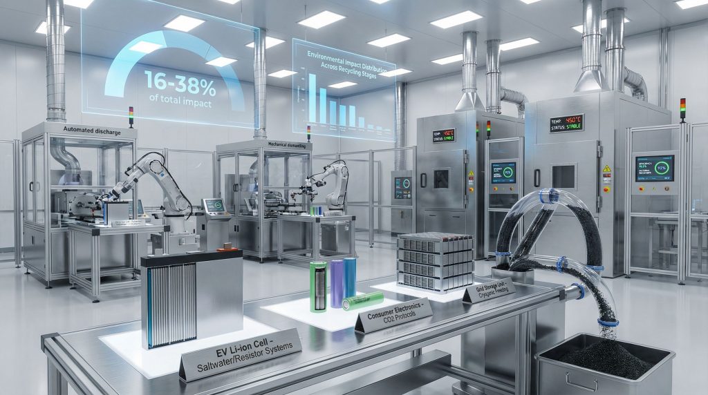 High-tech lab displaying battery recycling stages.