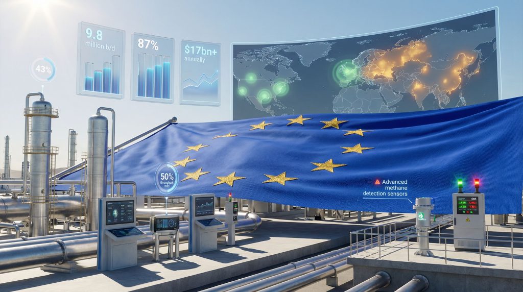EU flag over oil refinery complex.