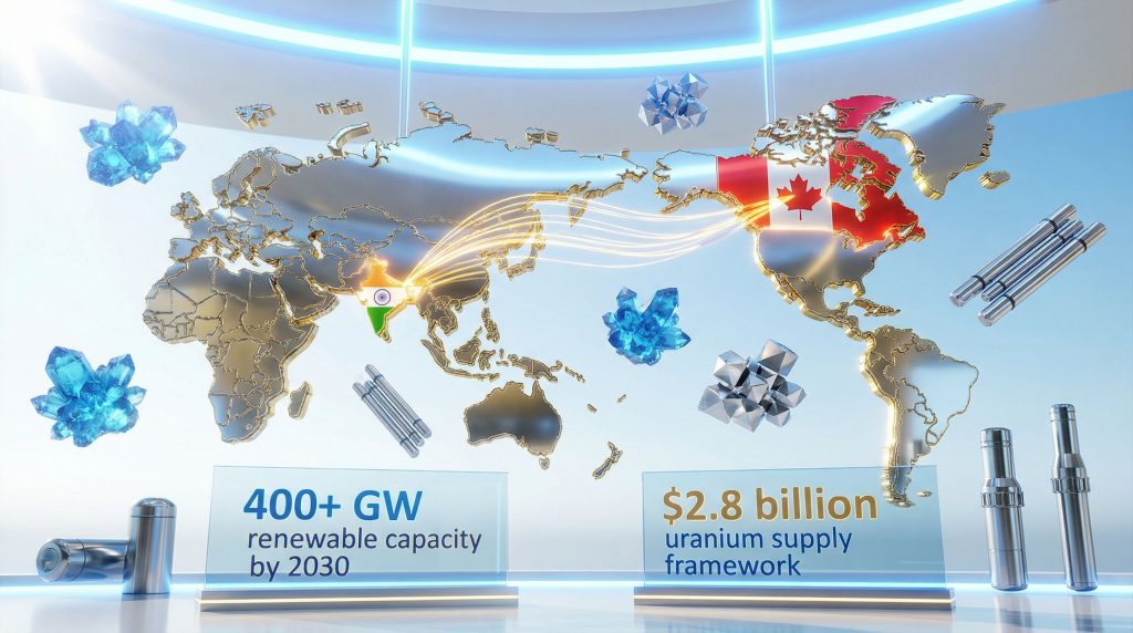 Illustration of India-Canada energy partnership map.