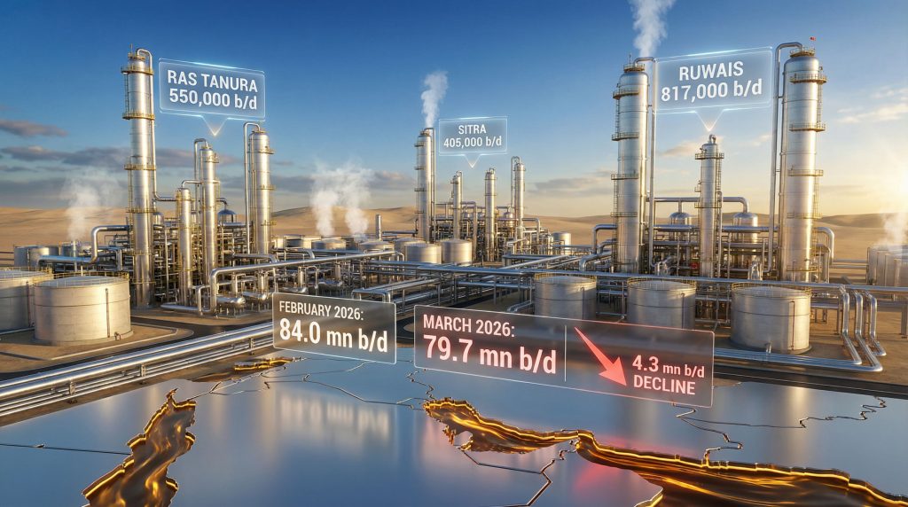 Oil refinery operations decrease by March.