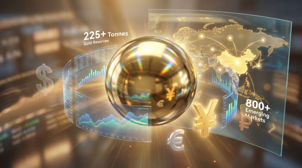 Global map highlighting de-dollarization and gold trends.